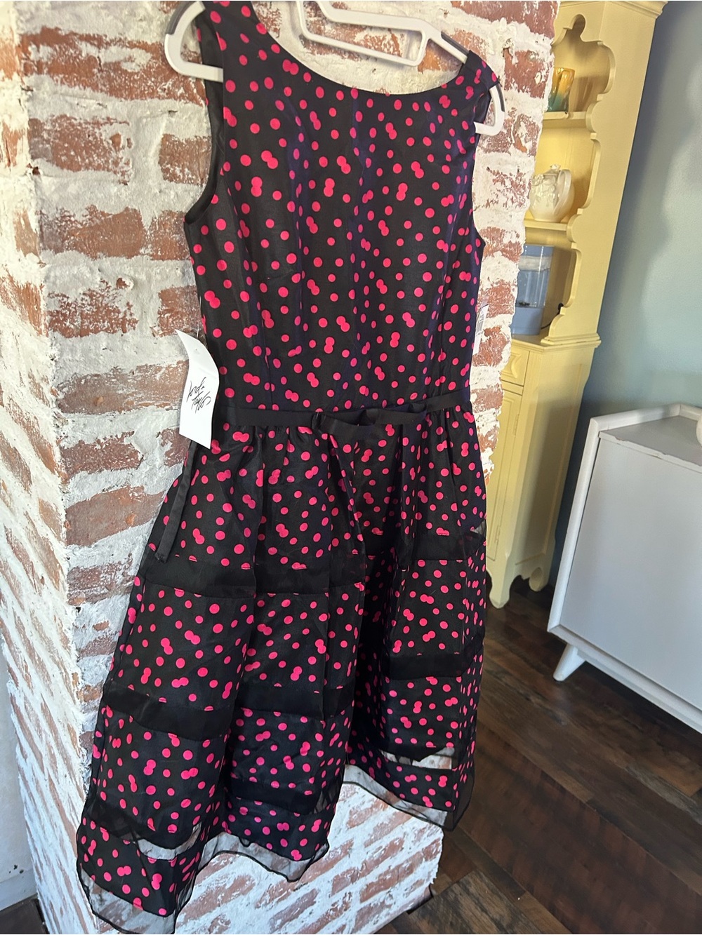 NWT TAYLOR Patterned & Striped Midi Dress with Pink Dots, Lined, w/Taffeta Under - Picture 5 of 16
